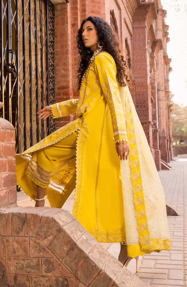 Latest Kameez Trouser Pakistani Eid Dress in Yellow Color