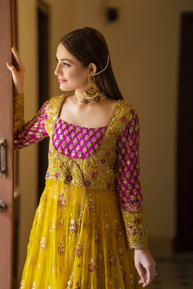 Latest Lehenga Frock Yellow Bridal Dress Pakistani for Mehndi