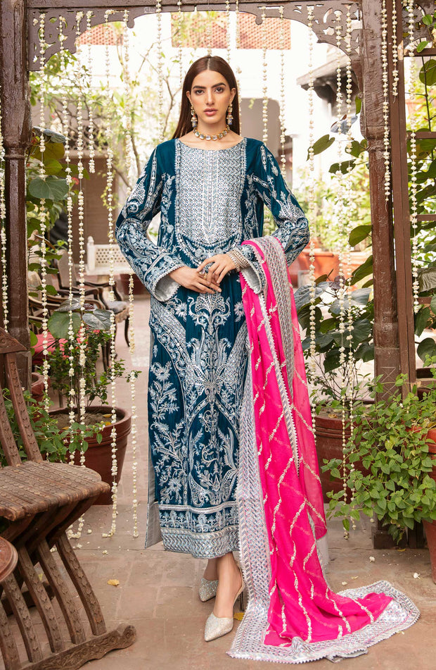 Latest Long Dress Pakistani in Turquoise Shade