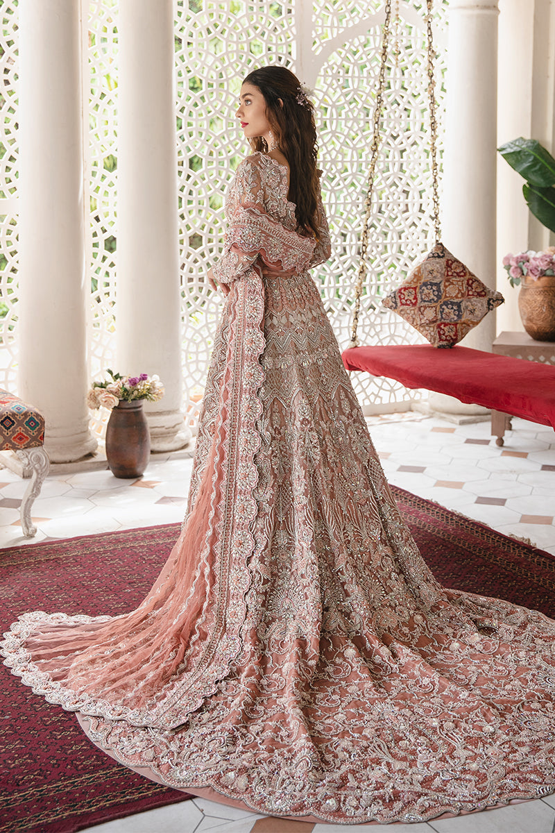 Peach Long Tail Pakistani Bridal Lehenga with Choli & Dupatta