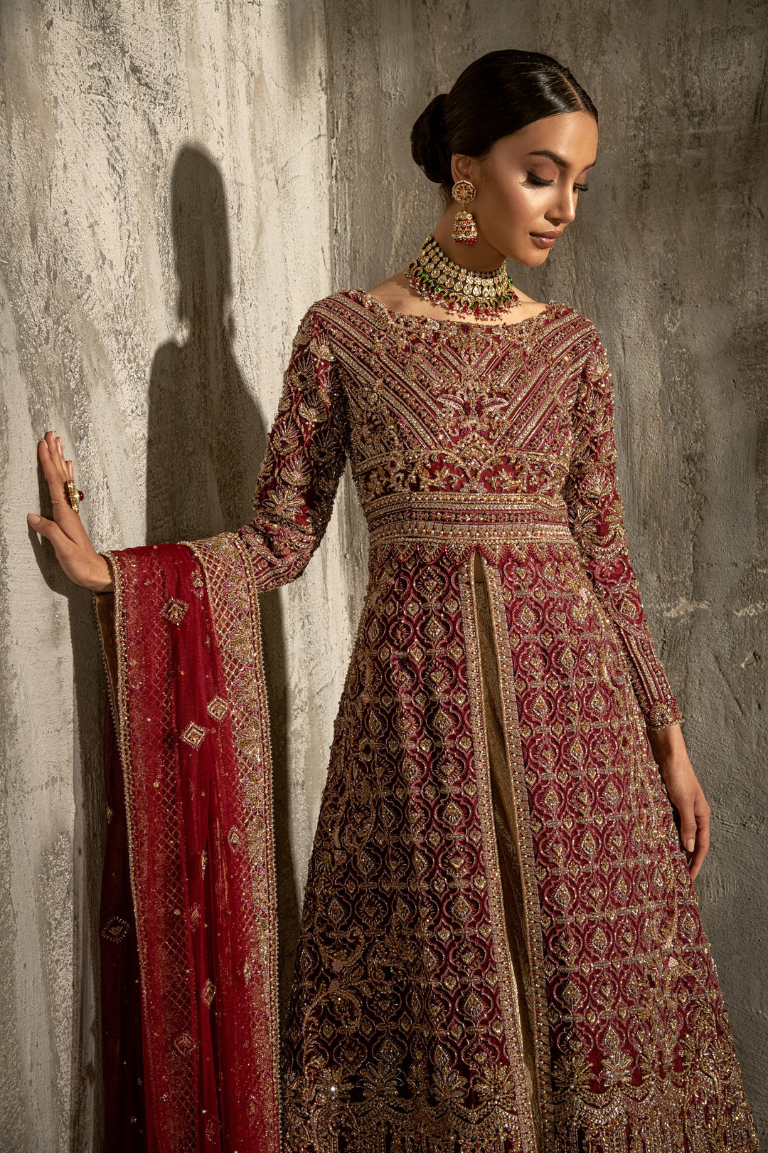 Latest Long Tail Pakistani Maxi in Red Color for Bride
