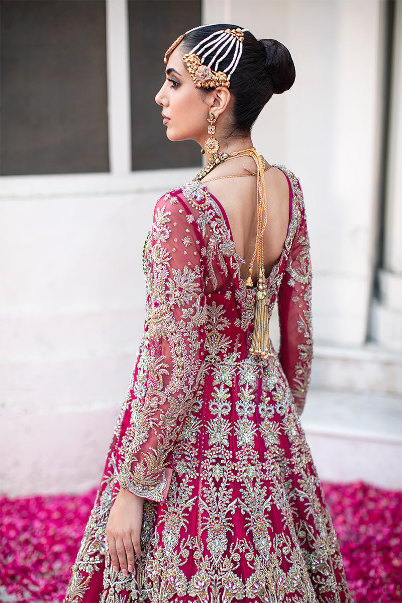 Magenta Front Open Gown with Pakistani Bridal Lehenga