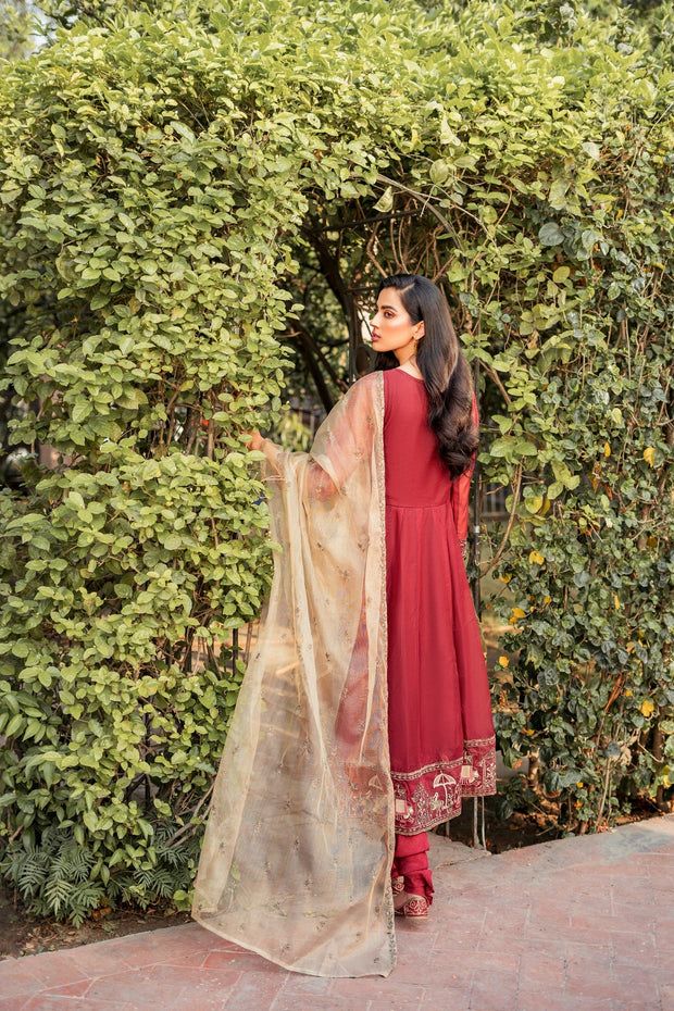 Latest Maroon Embroidered Frock Churidar Pakistani Eid Dress