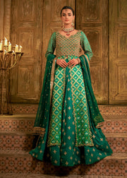 Latest Mehndi Dress in Green Lehenga and Open Kameez Style
