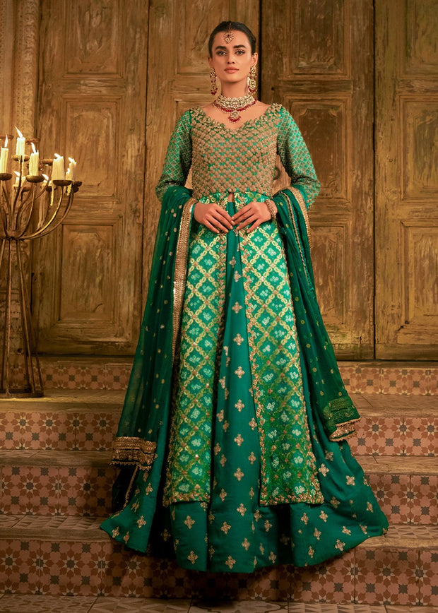 Latest Mehndi Dress in Green Lehenga and Open Kameez Style