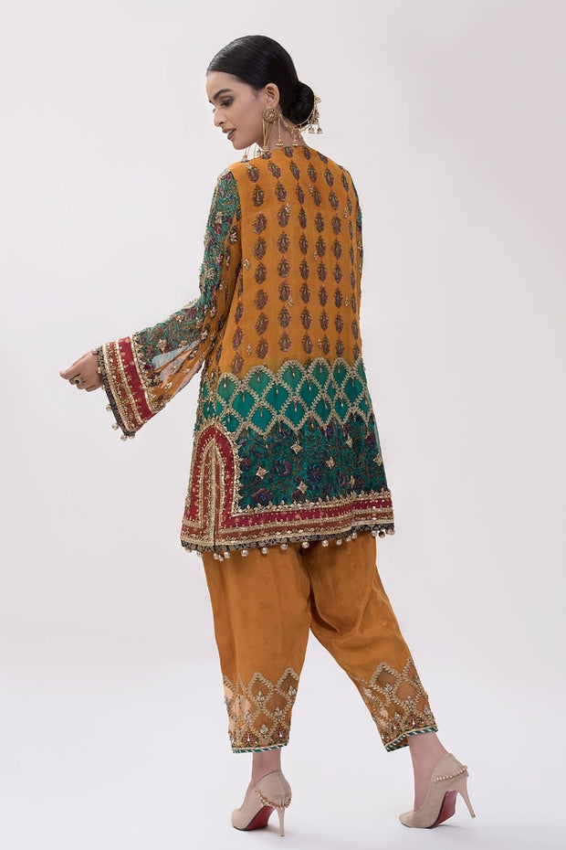 Latest Mehndi Partry Wear in Mustard Color Backside Look