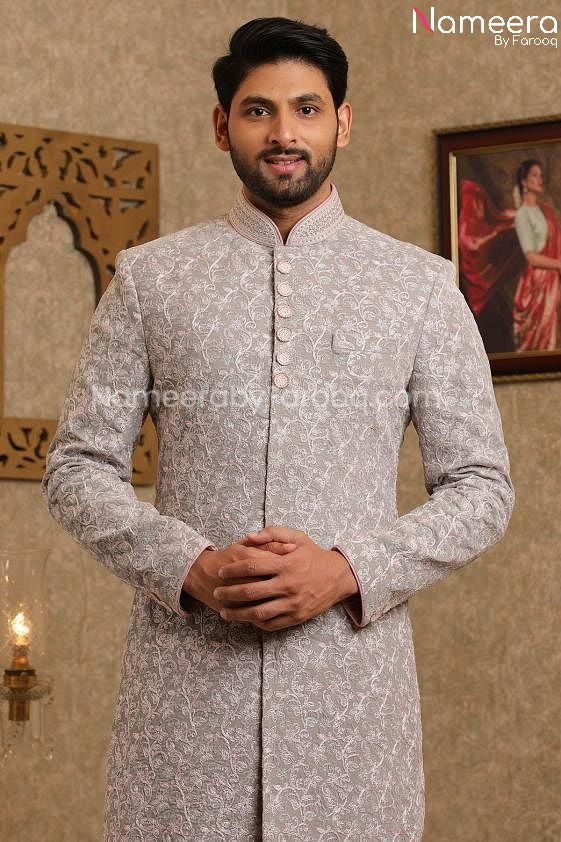 Latest Men's Wedding Sherwani for Groom Online Close up View