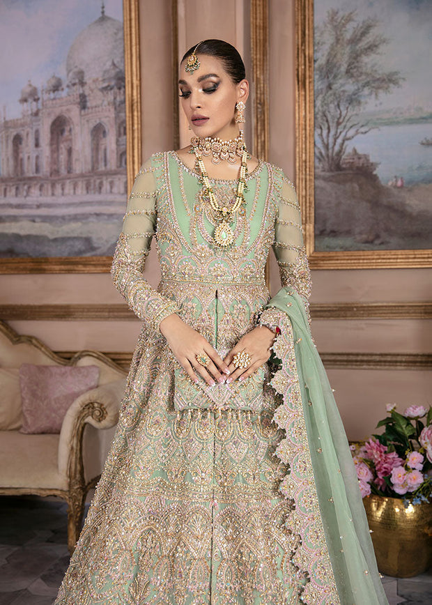 Latest Mint Wedding Lehenga with Front Open Gown Pakistani