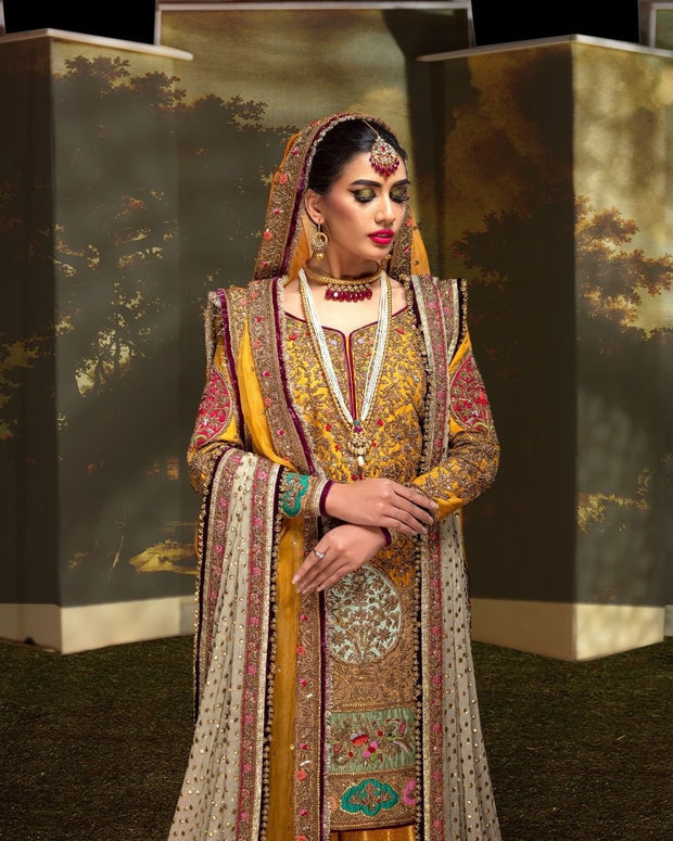 Latest Mustard Jamawar Sharara Kameez Pakistani Bridal Dress