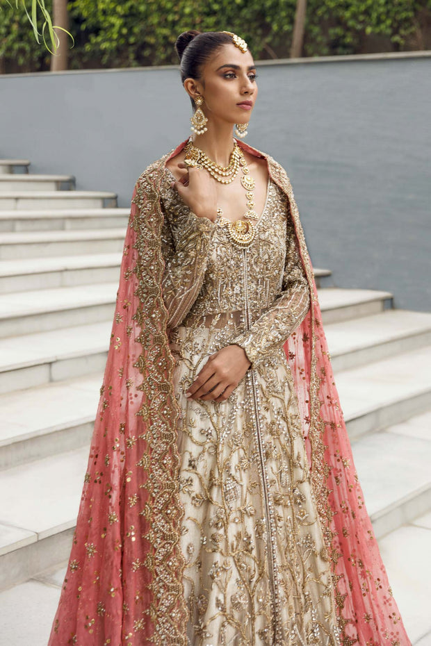 Latest Net Gown Lehenga Dupatta Golden Bridal Dress Pakistani