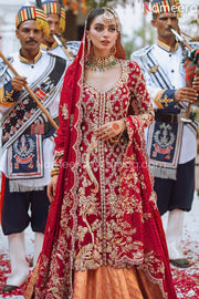 Latest Net Red Kameez Lehenga Dress in Brocade Fabric