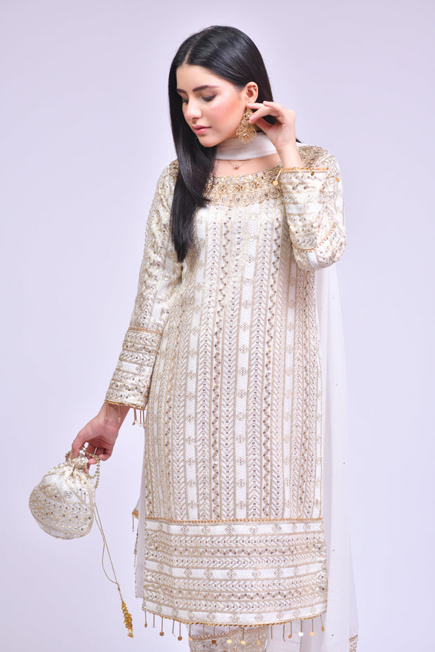 Latest Off White Kameez Trouser Dupatta Pakistani Eid Dress