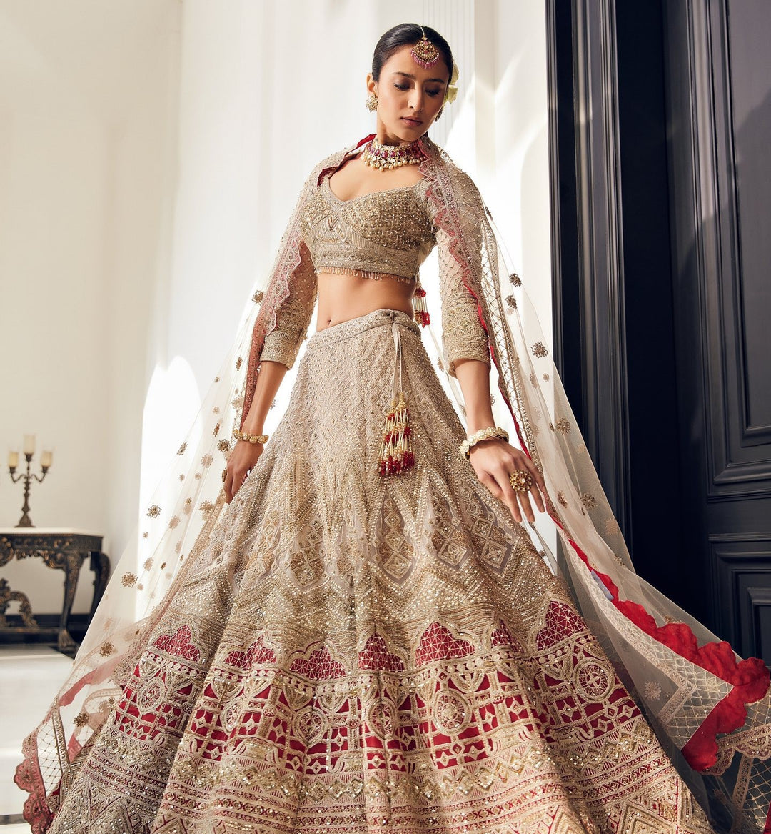 Off White and Red Pakistani Bridal Lehenga Choli for Weddings