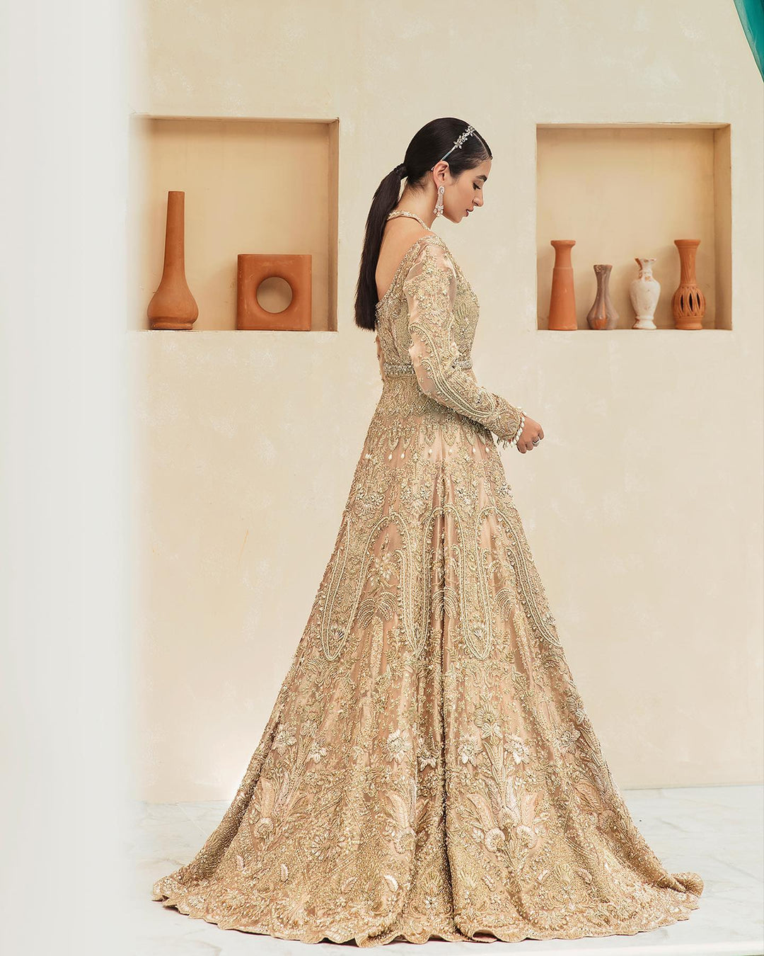 Elegant Open Pakistani Bridal Gown with Lehenga & Dupatta