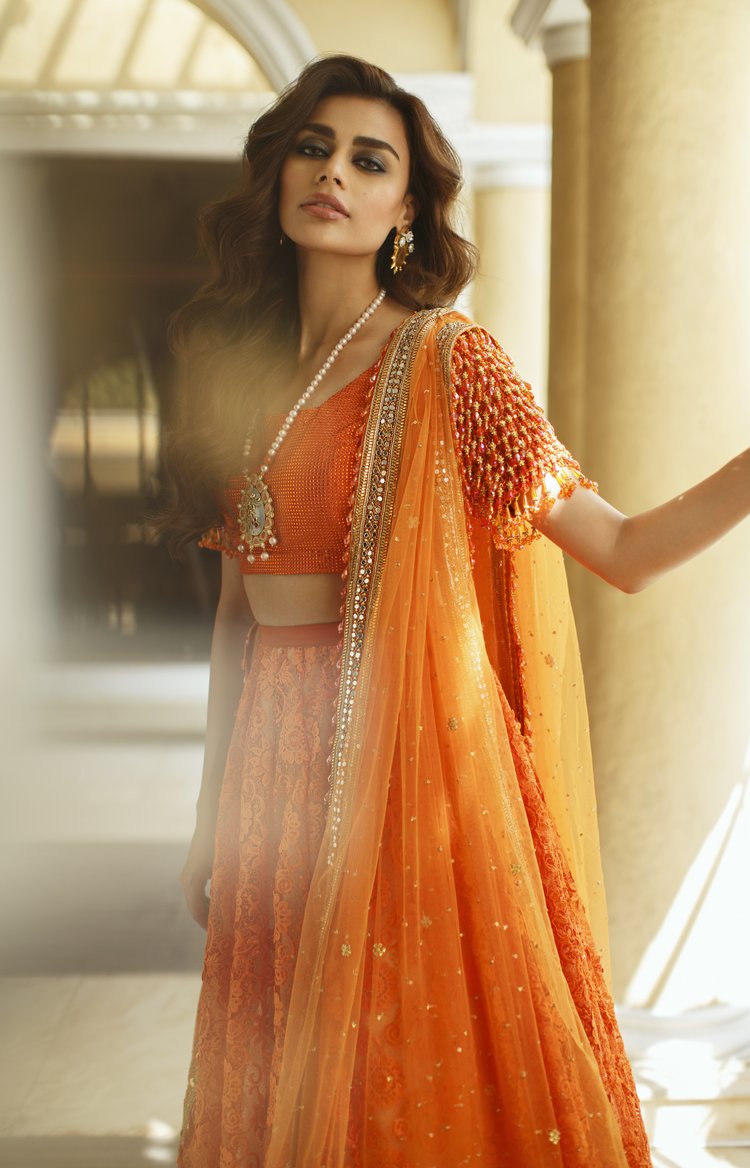 Luxurious Orange Pakistani Bridal Lehenga and Dupatta