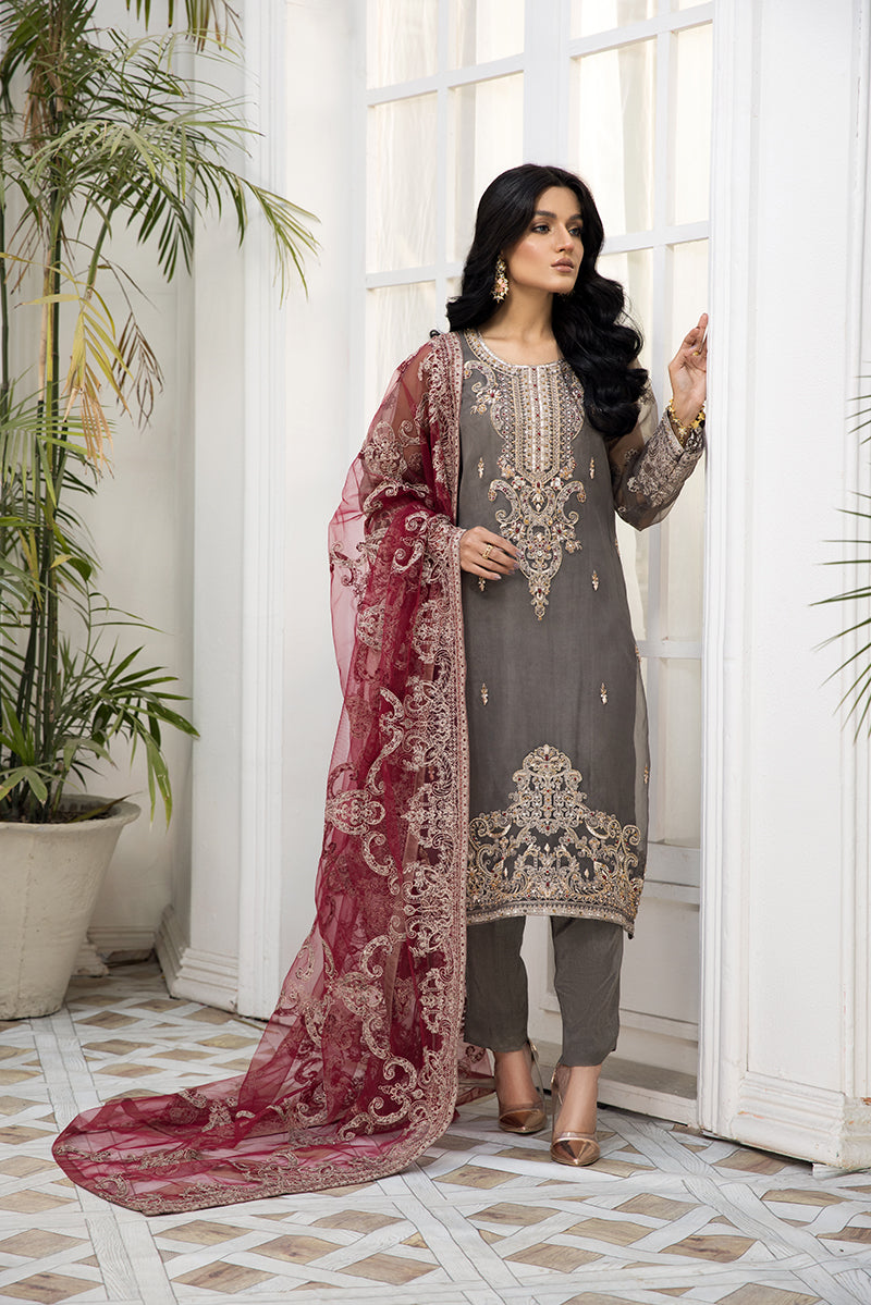 Latest Organza Fancy Salwar Kameez in Grey Shade
