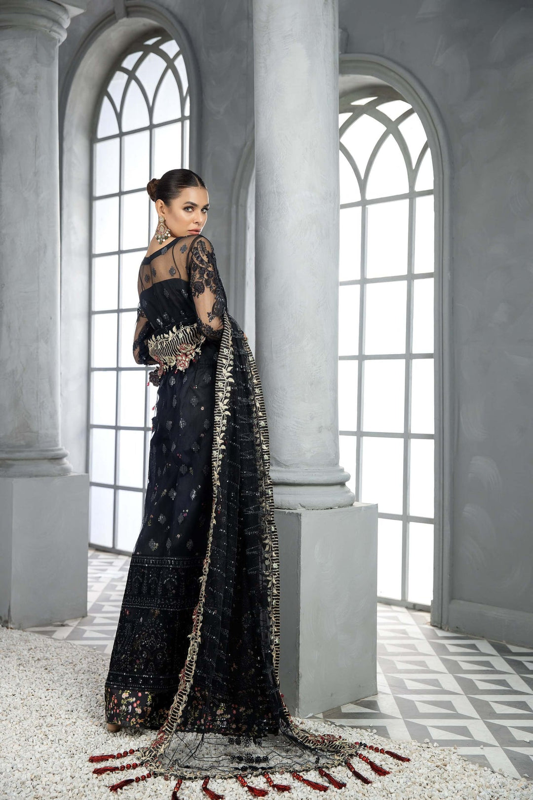 Latest Pakistani Black Dress in Wedding Sharara Kameez Style