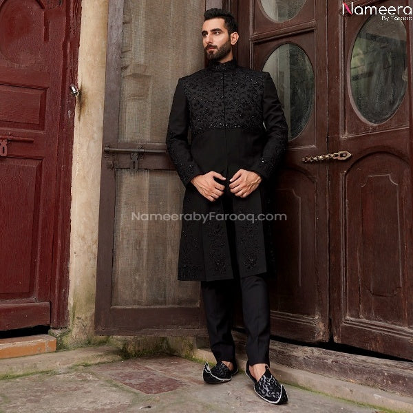 Latest Pakistani Black Sherwani for Groom Online