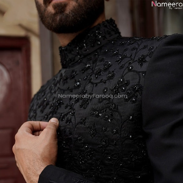 Latest Pakistani Black Sherwani for Groom Online Neckline Embroidery Look