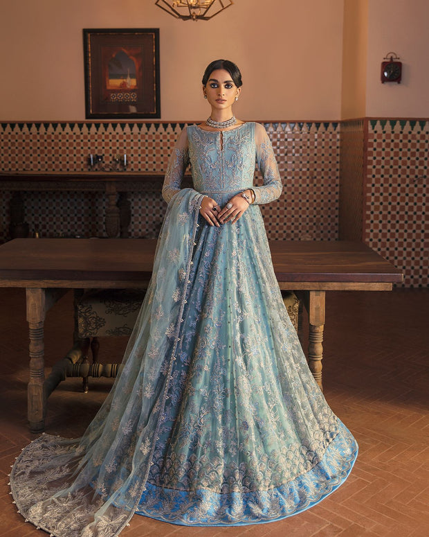 Latest Pakistani Blue Bridal Dress in Gown Style