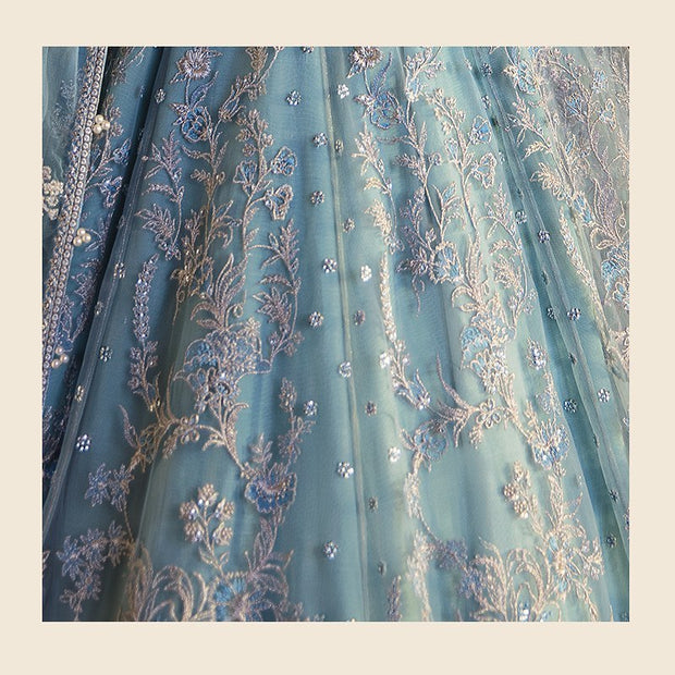 Latest Pakistani Blue Bridal Dress in Traditional Gown Style