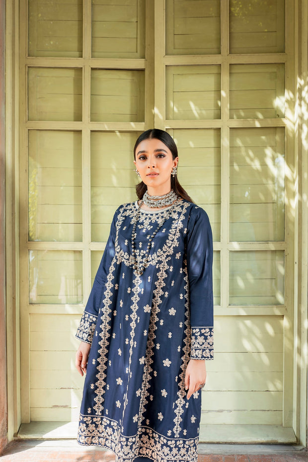 Latest Pakistani Blue Dress in Frock Trouser Style for Eid