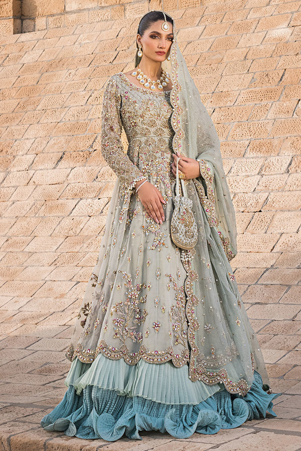 Latest Pakistani Bridal Dress in Crushed Lehenga Frock Style