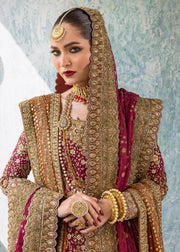 Latest Pakistani Bridal Dress in Embellished Kameez with Farshi Lehenga and Double Dupattas Style