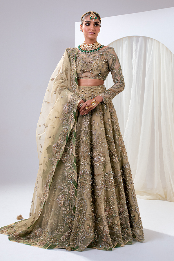 Latest Pakistani Bridal Dress in Embellished Lehenga Choli and Dupatta Style for Wedding