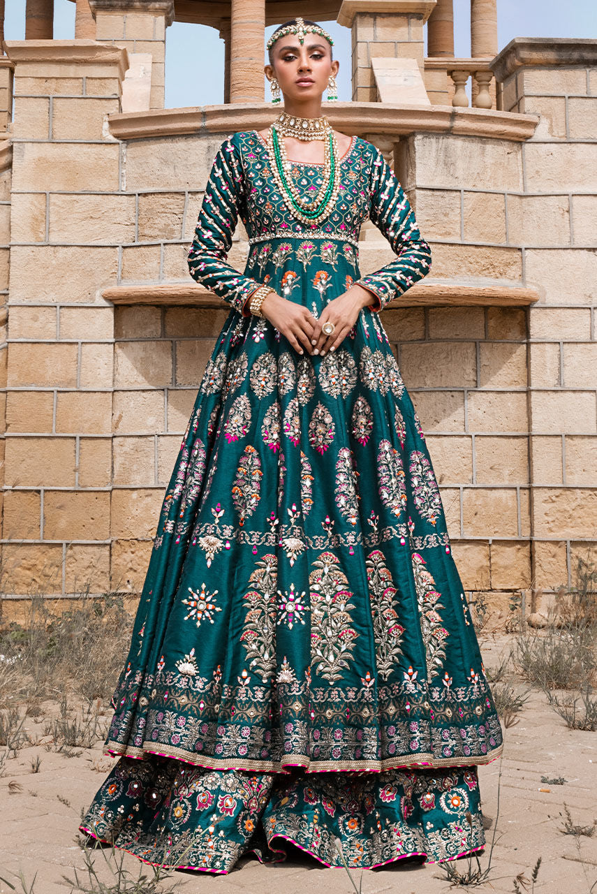 Elegant Green Pakistani Bridal Dress & Lehenga Frock Style