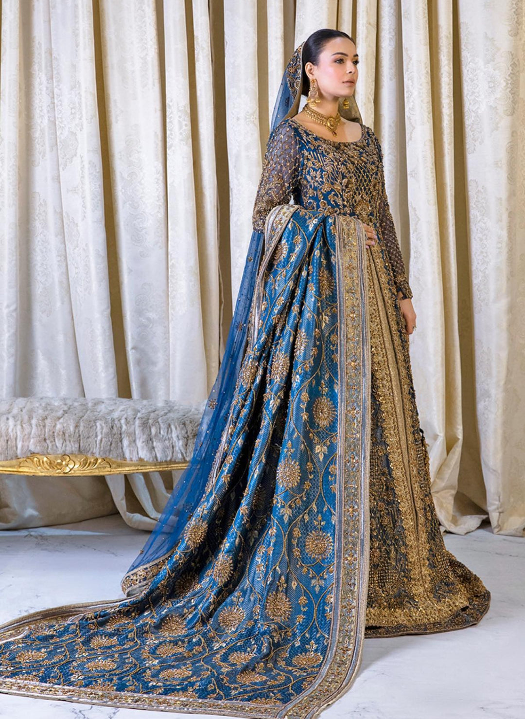 Latest Pakistani Bridal Dress in Open Frock and Lehenga Style