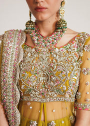 Latest Pakistani Bridal Dress in Open Pishwas Frock with Wedding Lehenga and Net Dupatta Style