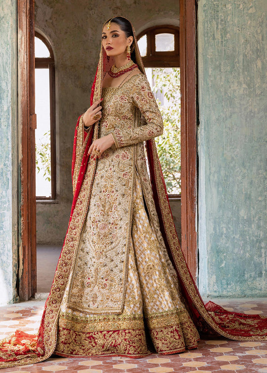 Latest Pakistani Bridal Dress in Open Wedding Gown Lehenga and Red Dupatta Style
