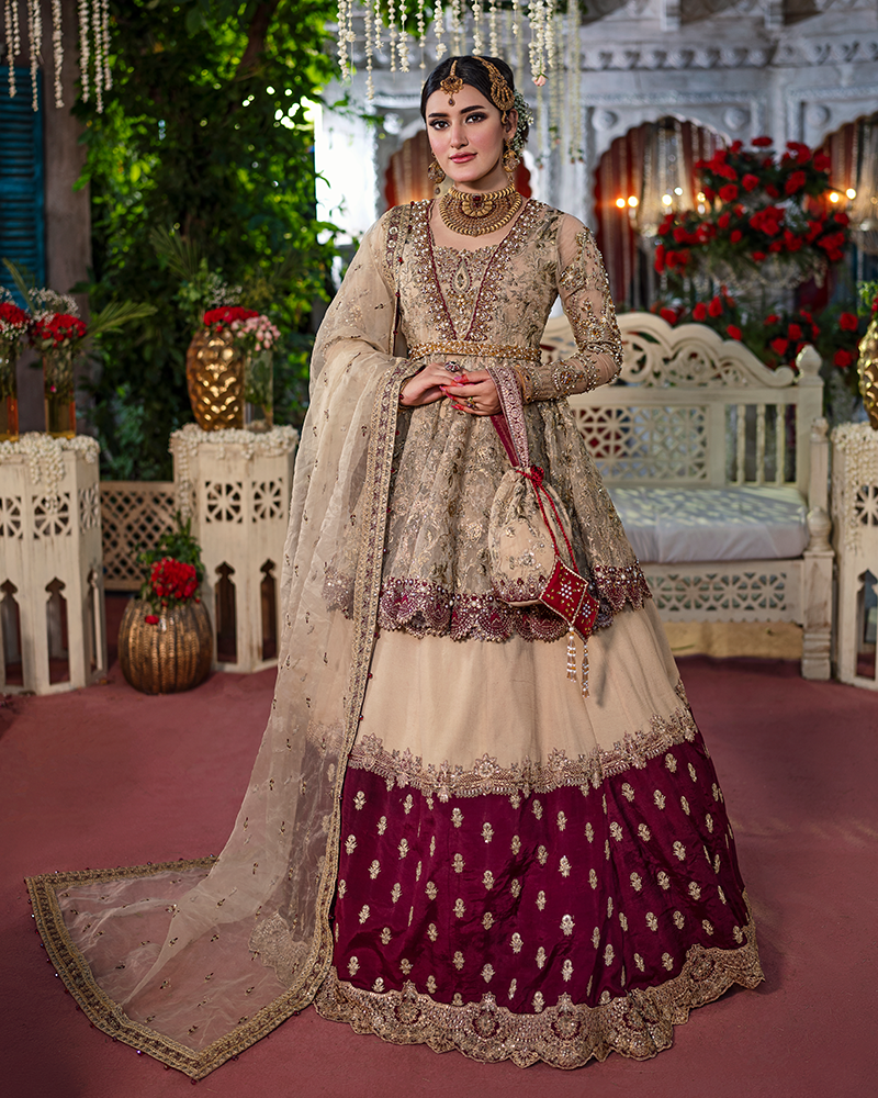 Elegant Pakistani Bridal Dress with Peplum & Lehenga