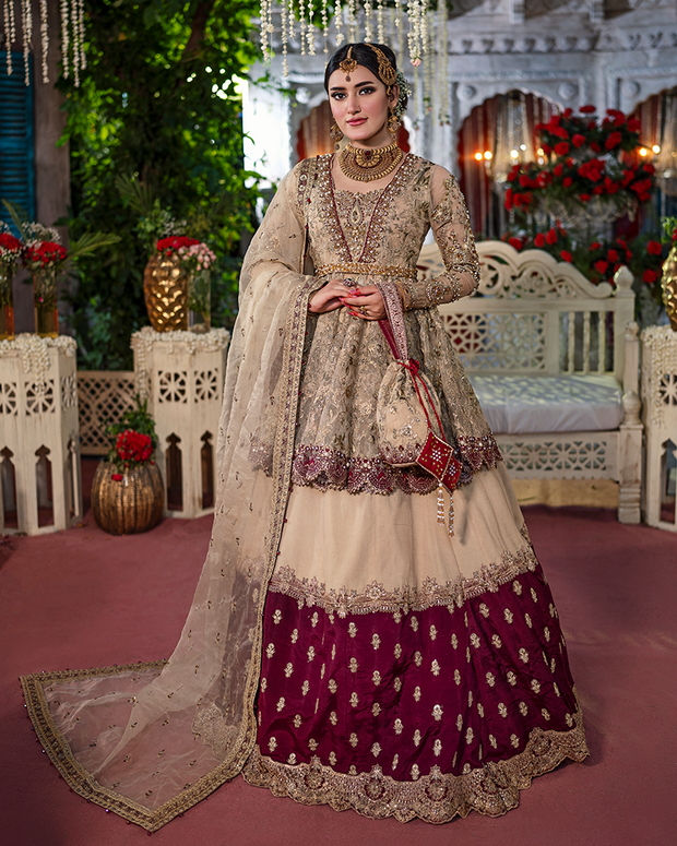 Latest Pakistani Bridal Dress in Peplum and Lehenga Style