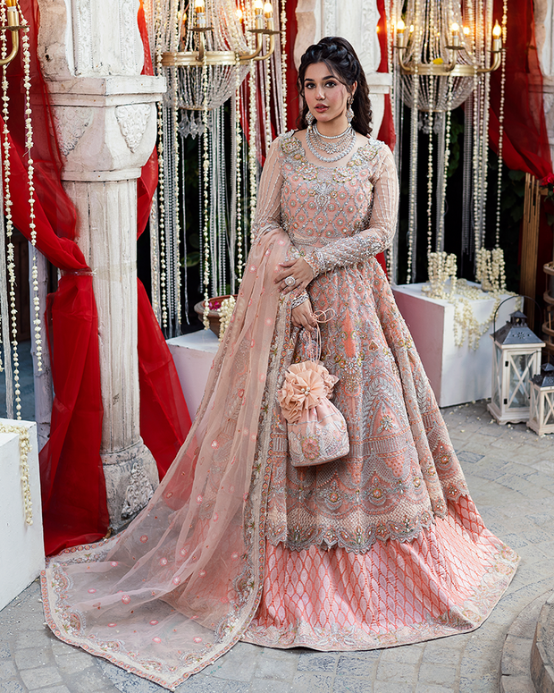 Latest Pakistani Bridal Dress in Pishwas Frock Lehenga Style