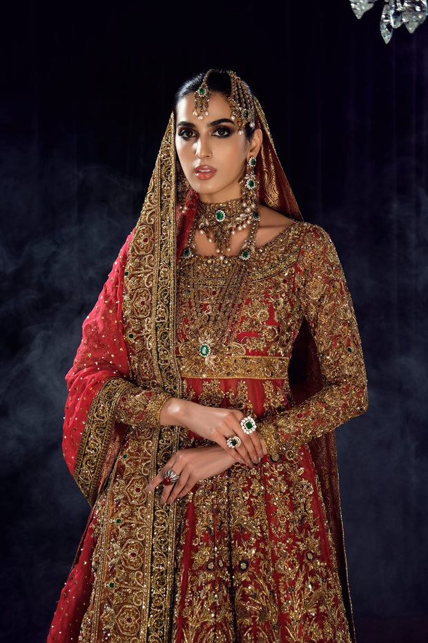 Latest Pakistani Bridal Dress in Red Lehenga and Frock Style