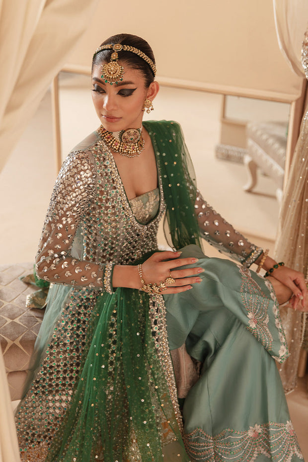 Latest Pakistani Bridal Frock Sharara and Dupatta Mehndi Dress
