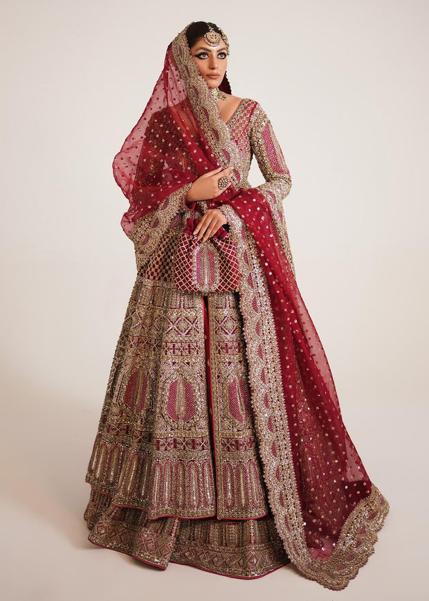 Latest Pakistani Bridal Gown in Open Style with Red Lehenga and Organza Dupatta Dress for Wedding
