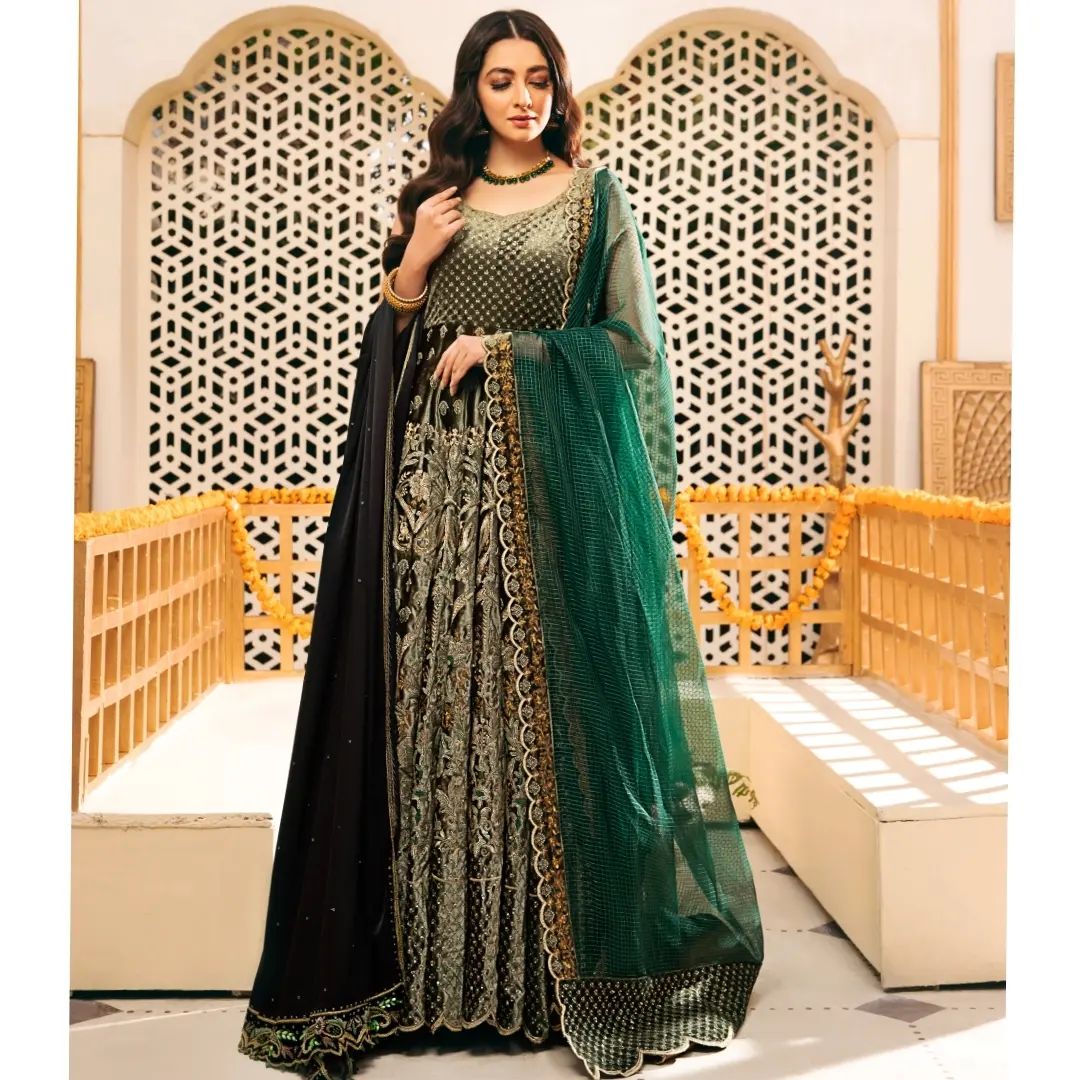 Pakistani Bridal Green Pishwas and Lehenga Set for Weddings