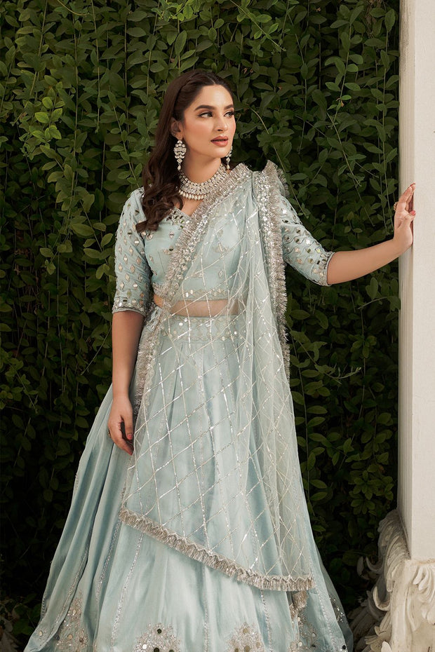 Latest Pakistani Bridal Ice Blue Lehenga Choli Dupatta Dress