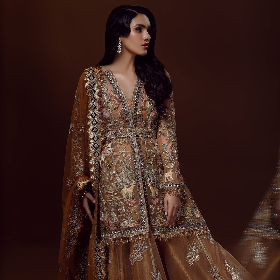 Majestic Pakistani Bridal Jacket Sharara Dress with Dupatta