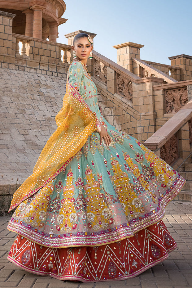 Latest Pakistani Bridal Lehenga Frock and Dupatta Mehndi Dress