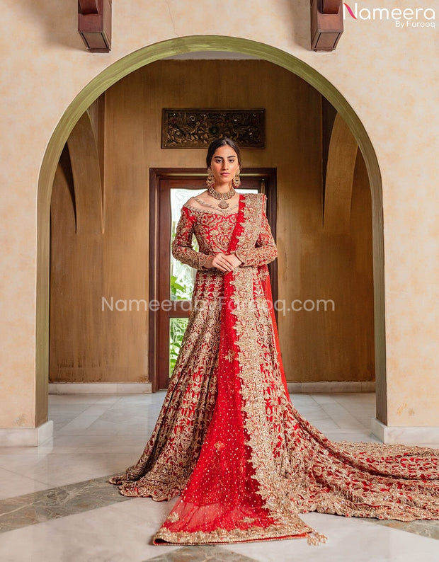 Latest Pakistani Bridal Long Tail Maxi Online with Heavy Embroidery Dupatta