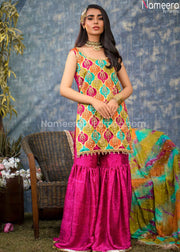 Pakistani Bridal Mehndi Gharara with Short Kurti  in Multi Color