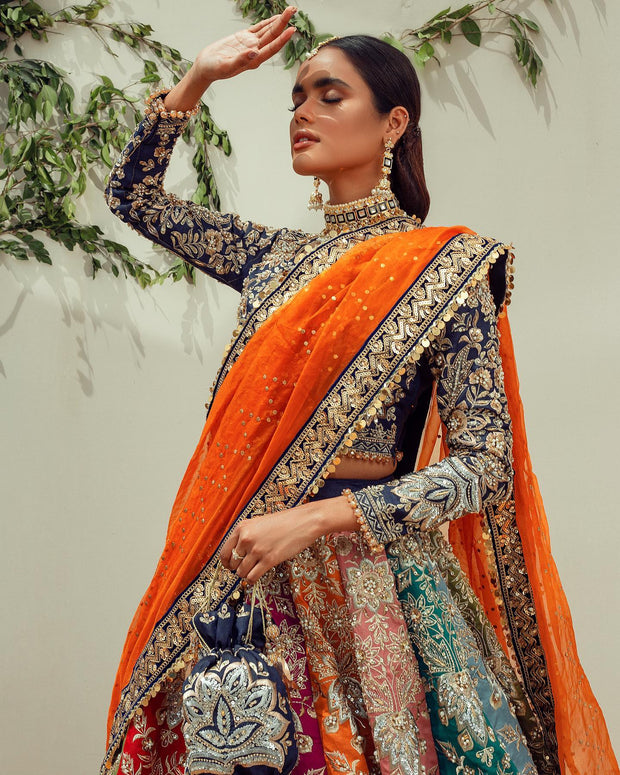 Women's Orange Net Fabric Pretty Unstitched Lehenga Choli With Lace Work  Dupatta by Brthika » BRITHIKA Luxury Fashion