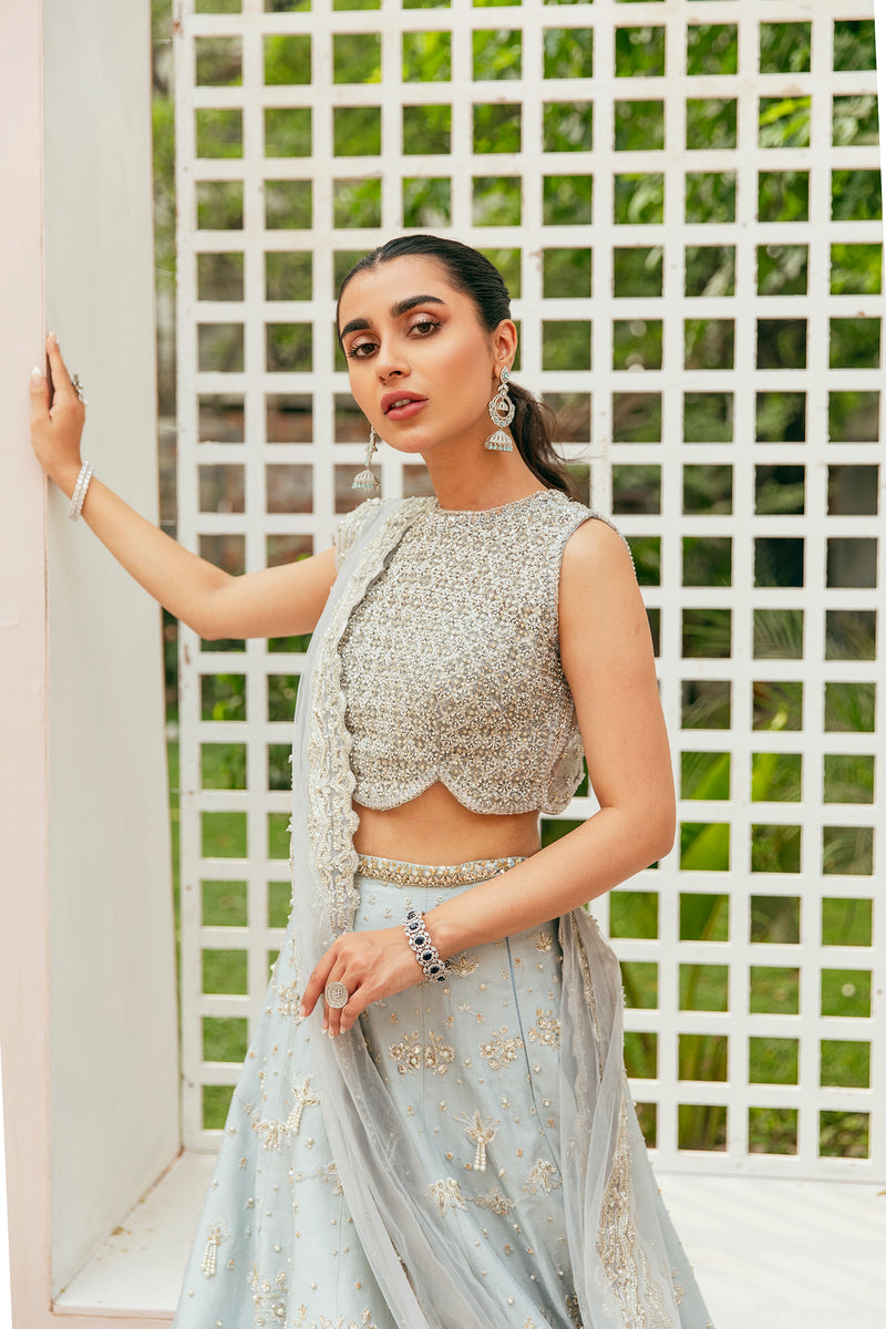 Elegant Ice Blue Pakistani Bridal Lehenga Choli Dress