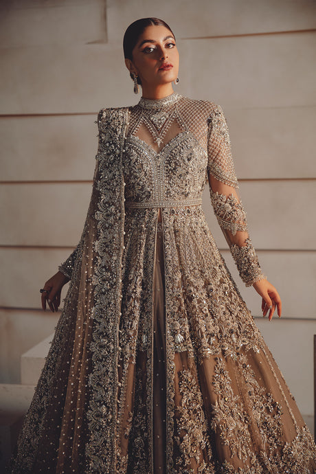Elegant Grey Pakistani Bridal Pishwas Frock & Lehenga
