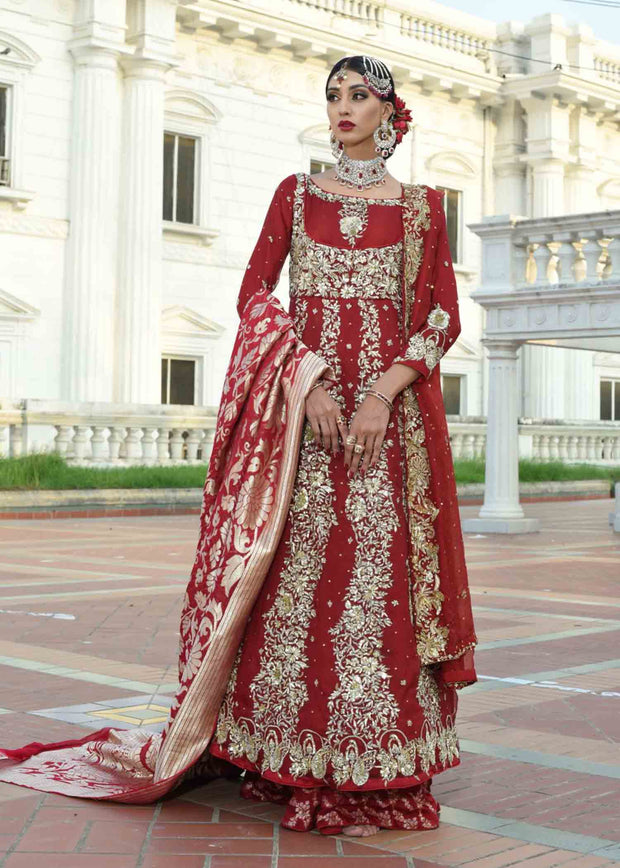 Latest Pakistani Bridal Pishwas with Red Lehenga Dress