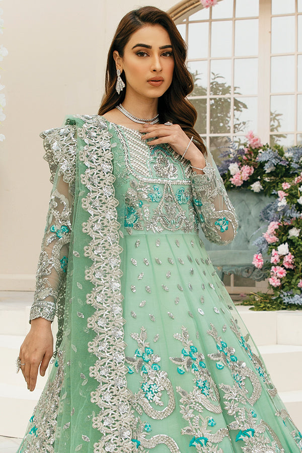 Latest Pakistani Bridal Sea Green Lehenga Gown Dress